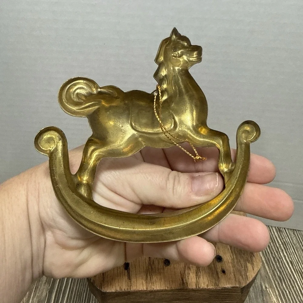 VTG Pressed Brass Rocking Horse Christmas Ornament